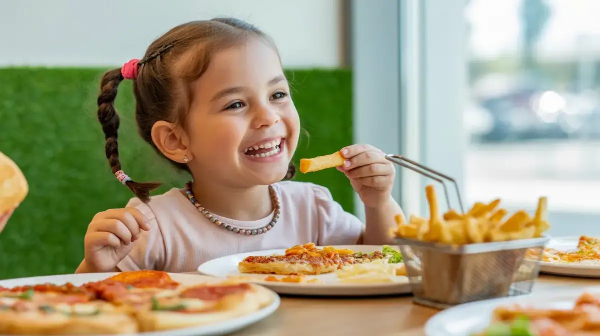 A joyful young kid enjoying food with laughter