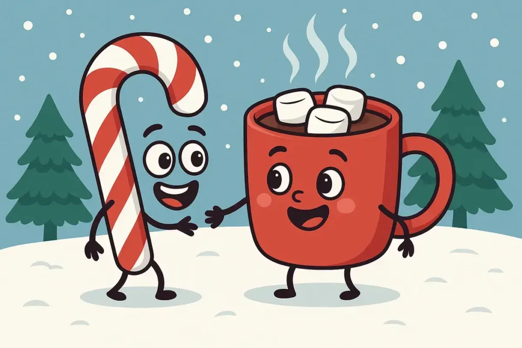 cartoon candy cane and cocoa hugging in snow scene