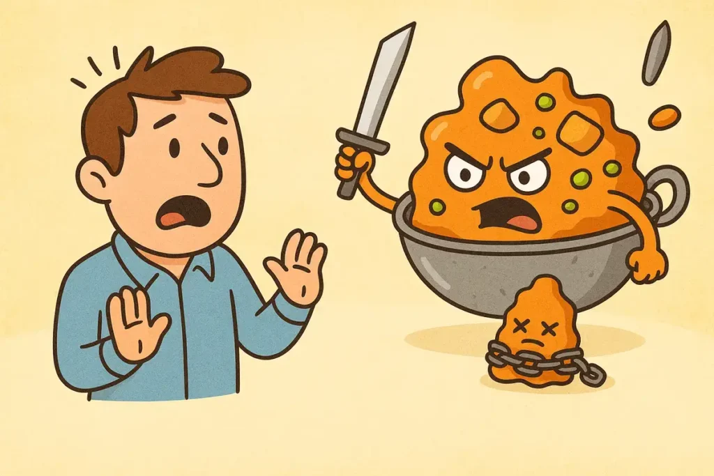 Angry curry character with sword chasing man