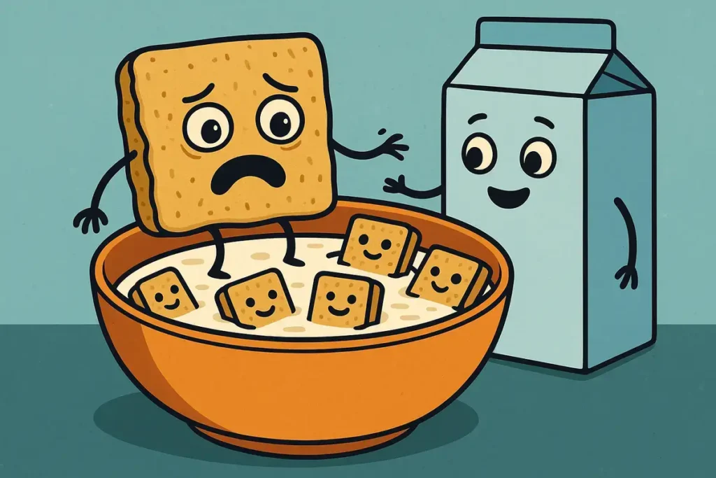 Sad cereal in milk bowl with smiling cereal pieces