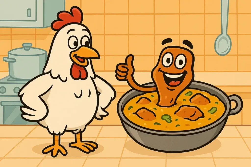 chicken and curry dish sharing laughs