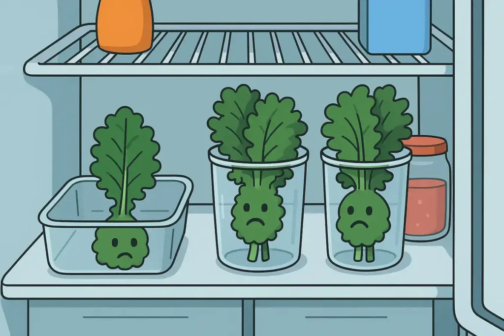 kale in fridge containers looking sad