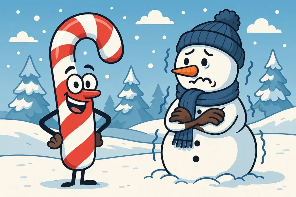 Funny cartoon candy cane powering through winter beside a freezing snowman