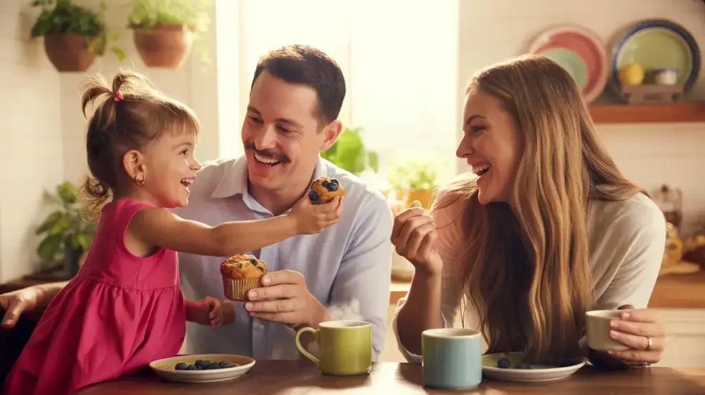 A happy family enjoying food with jokes.