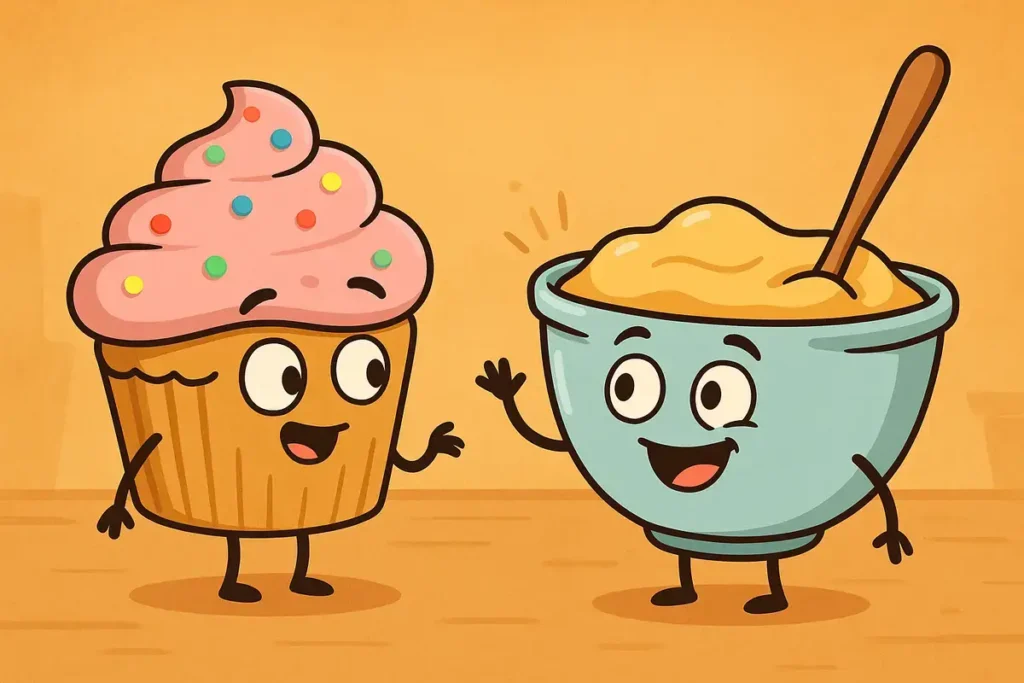 cupcake and mixing bowl smiling