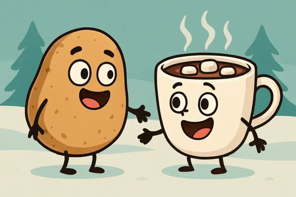 potato and hot chocolate cup in winter scene for hot chocolate puns