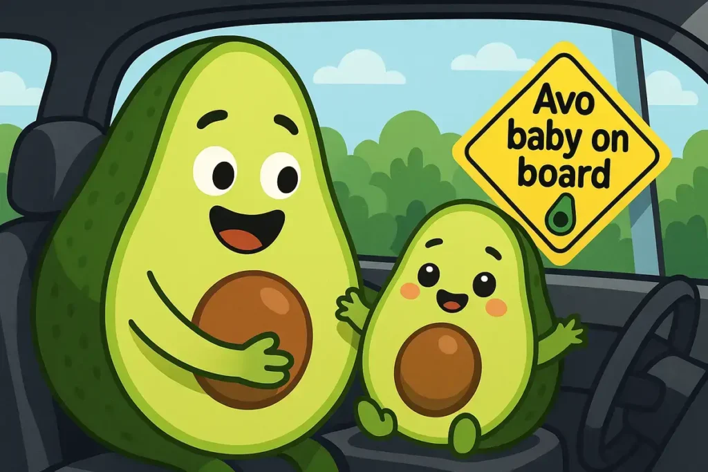 avocados in a car with baby on board sign, perfect for avocado jokes.