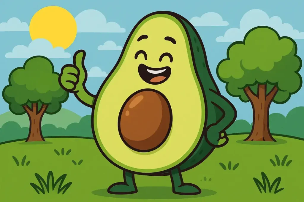 avocado character in a sunny park giving thumbs-up