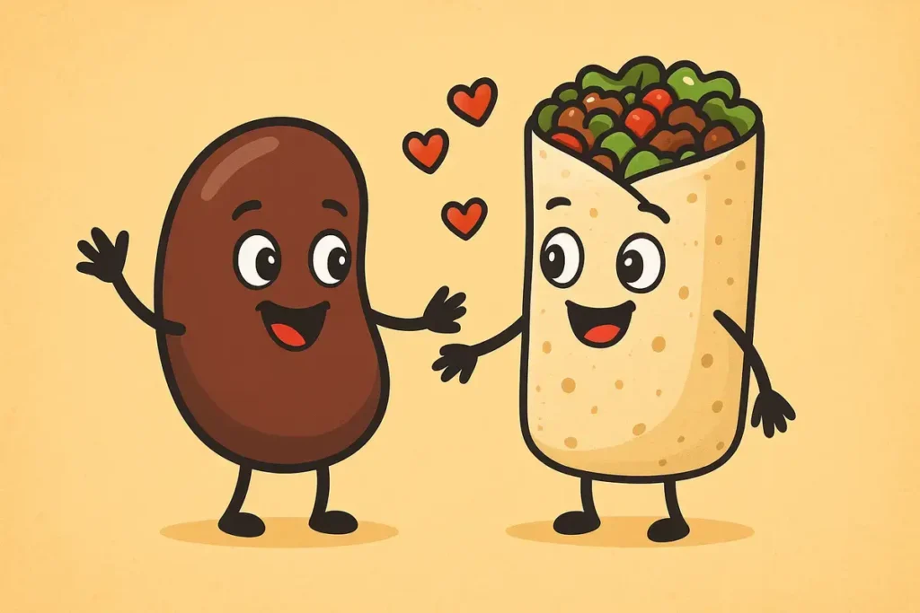 bean and burrito characters with hearts