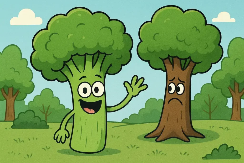 broccoli character joking with a tree in a forest