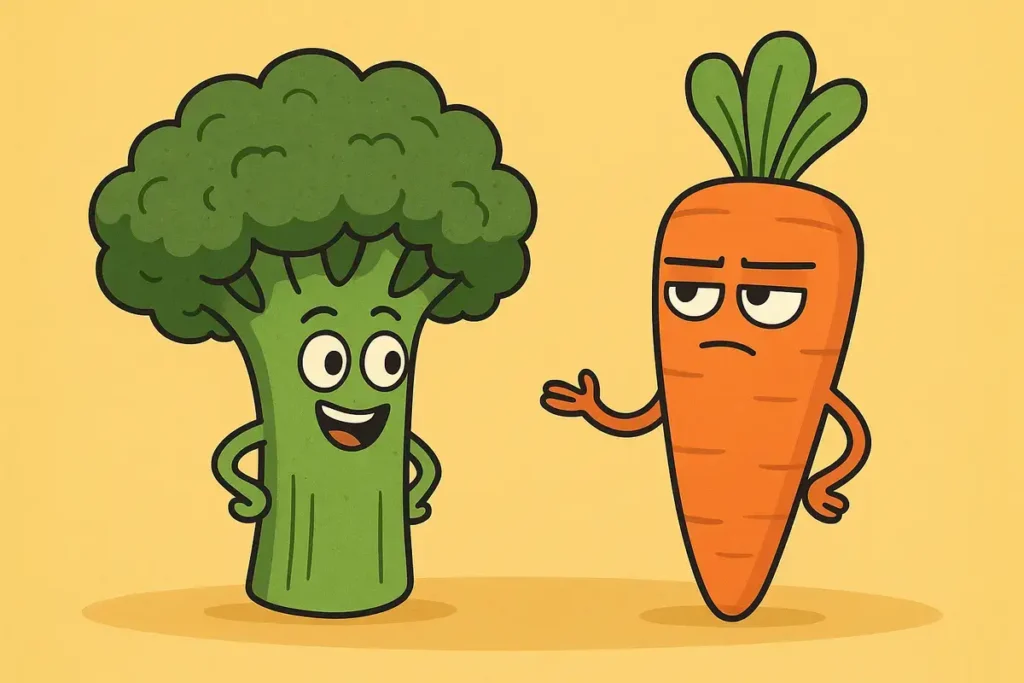 broccoli and carrot characters in a funny scene