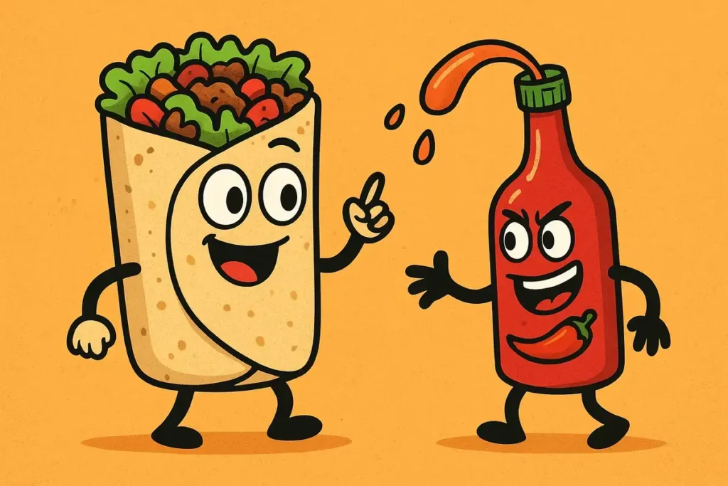 burrito and hot sauce bottle having fun