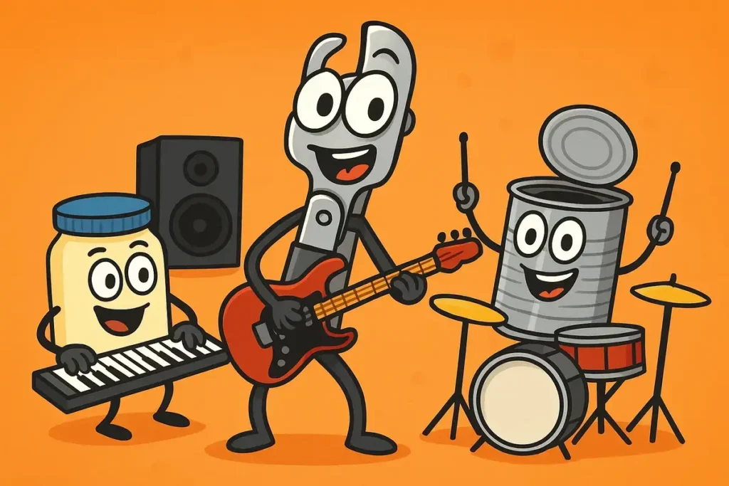 can opener playing guitar with tin can drummer and jar keyboardist, funny can opener day jokes illustration
