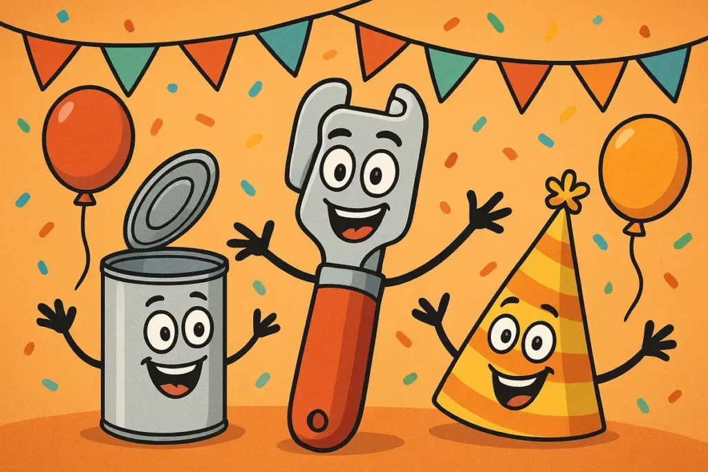 Funny can opener day jokes cartoon with can opener, tin can, and party hat characters celebrating