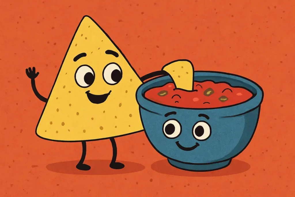 chip and salsa bowl character illustration for chip puns