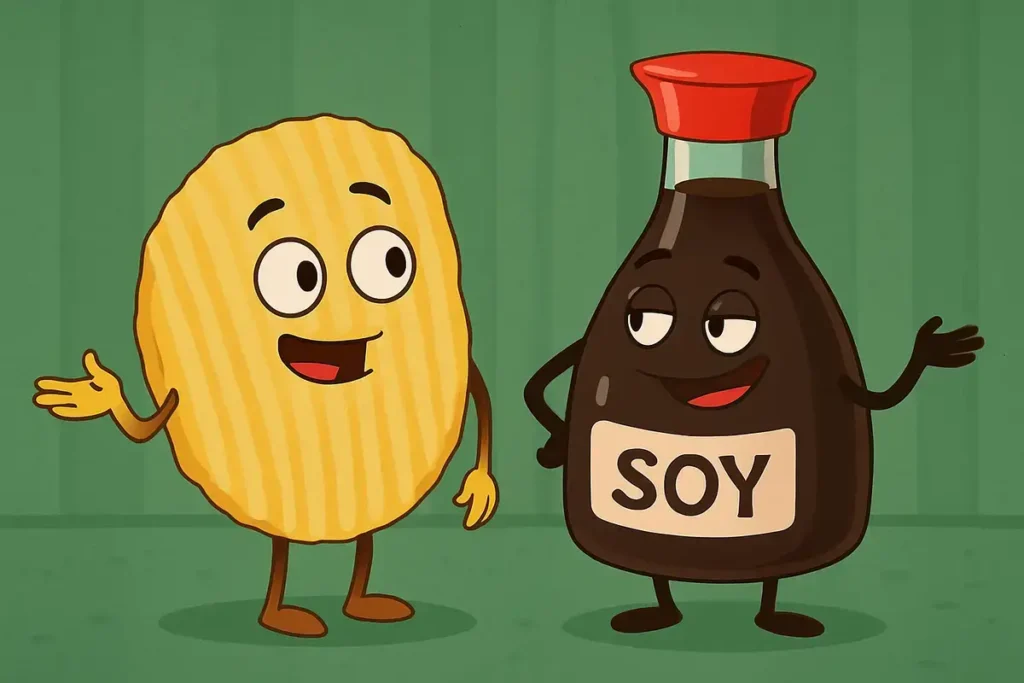 chip and soy bottle pun characters