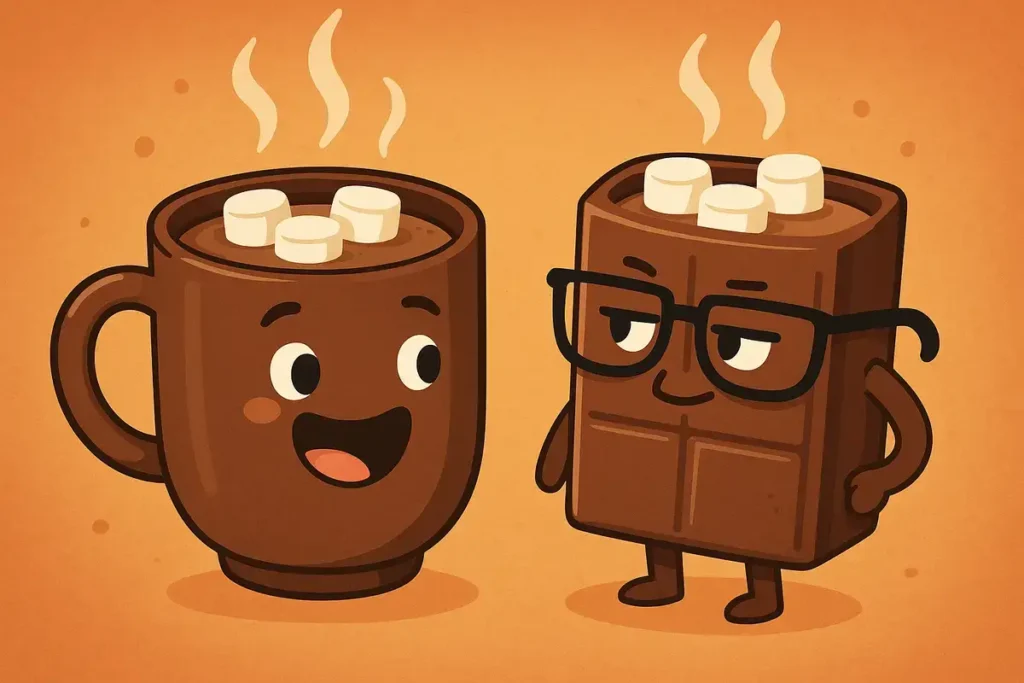 cocoa characters joking in a fun chocolate scene