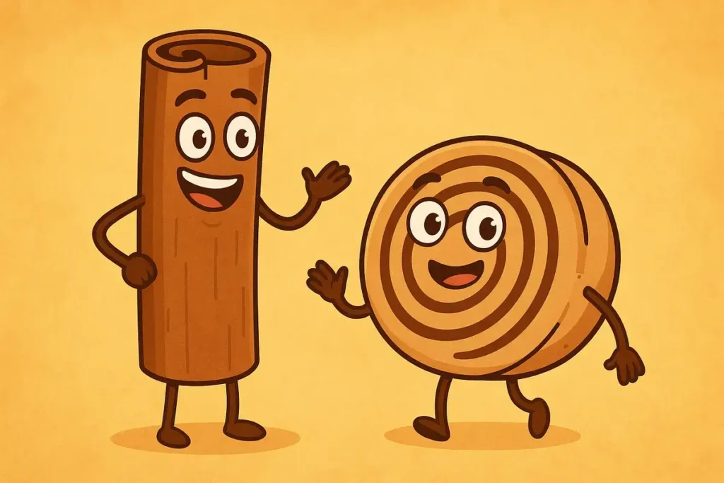 cinnamon stick and roll smiling together
