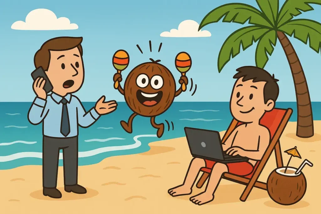beach scene with coconut puns character and remote worker