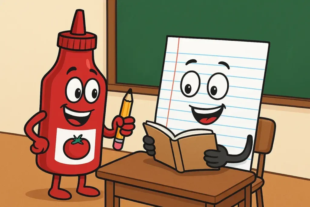 ketchup bottle helping paper with homework in classroom, funny condiment jokes illustration