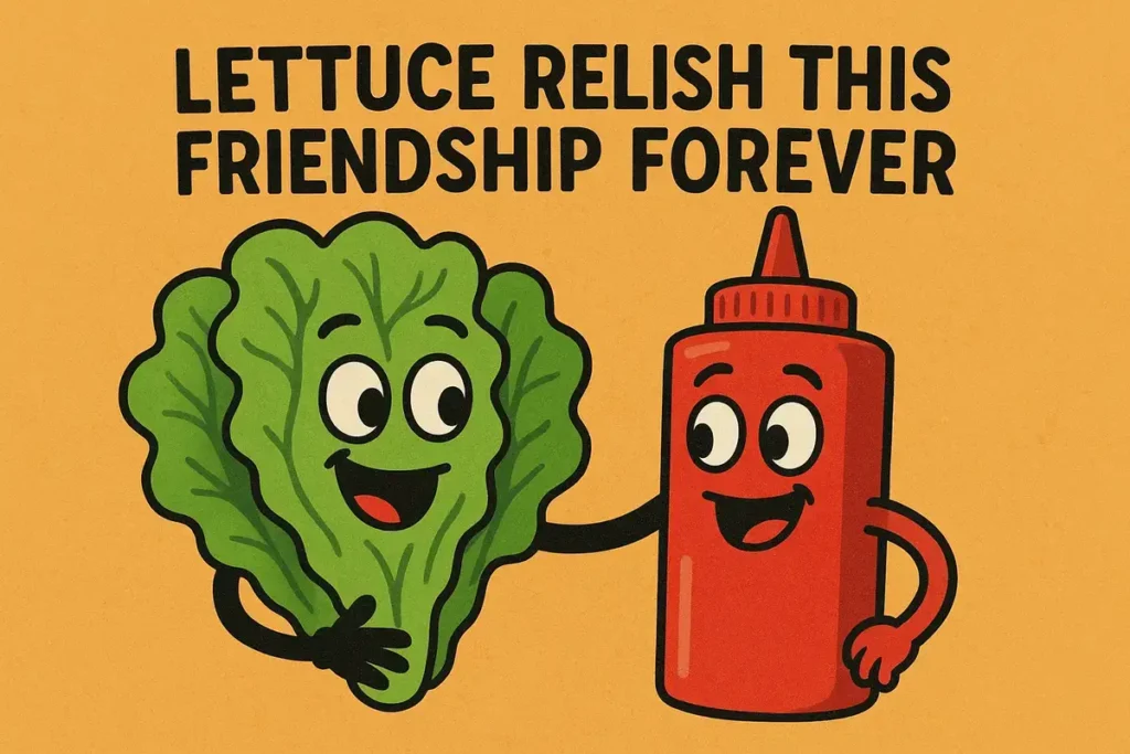 lettuce and ketchup bottle hugging with happy faces, funny condiment jokes illustration