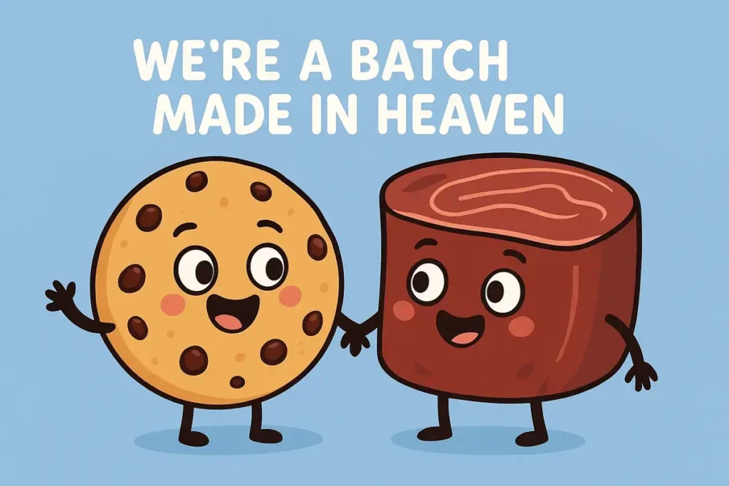 Cookie and filet mignon holding hands in a funny scene for funny cookie jokes
