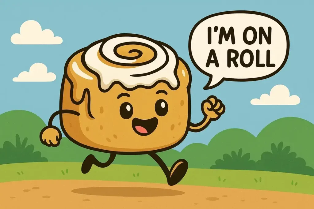 Cinnamon roll character running happily in nature scene