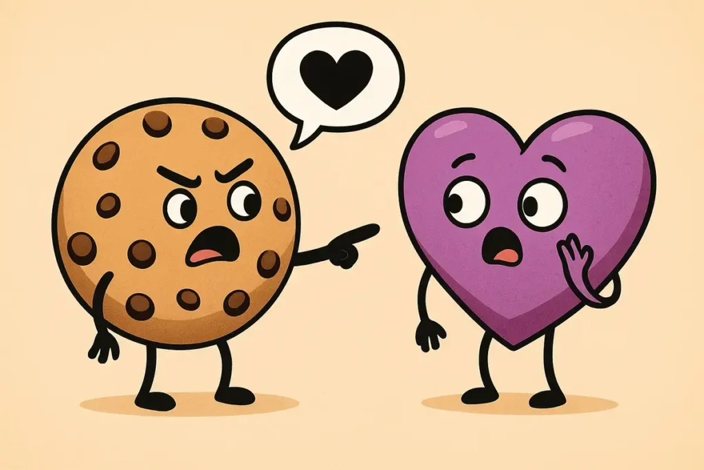 chocolate chip cookie accusing a surprised heart character