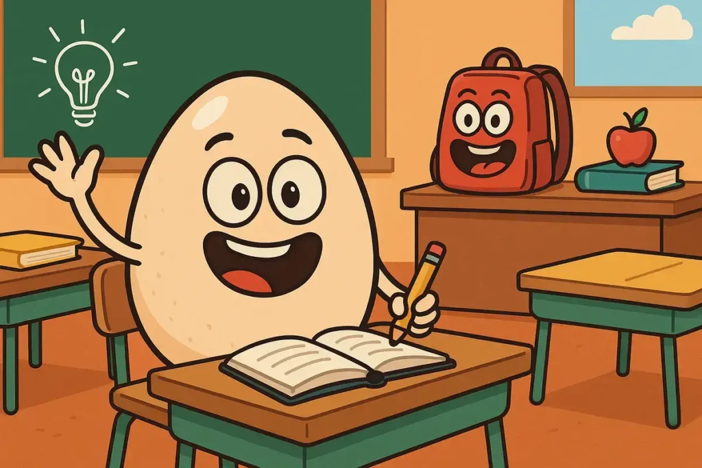 egg character in classroom doing homework