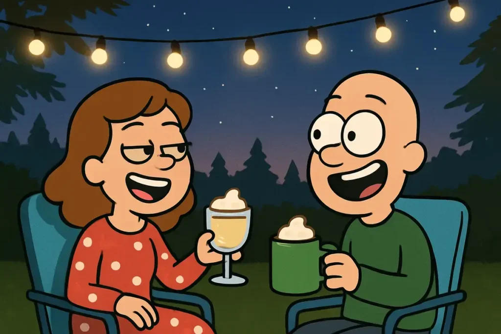 couple enjoying eggnog under twinkle lights