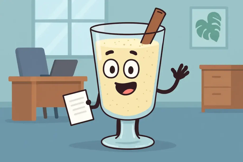 eggnog character applying for a job in office setting