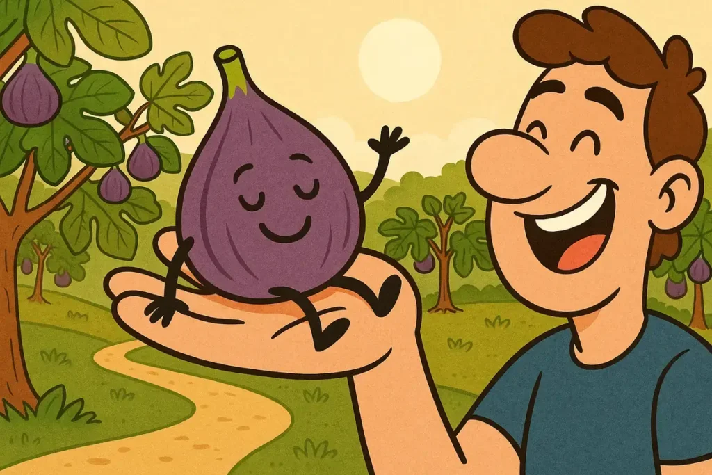 fig character smiling in hand in fig grove