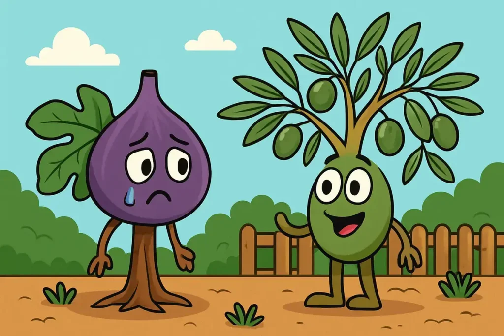 fig puns cartoon of a sad fig tree and happy olive tree in a garden.