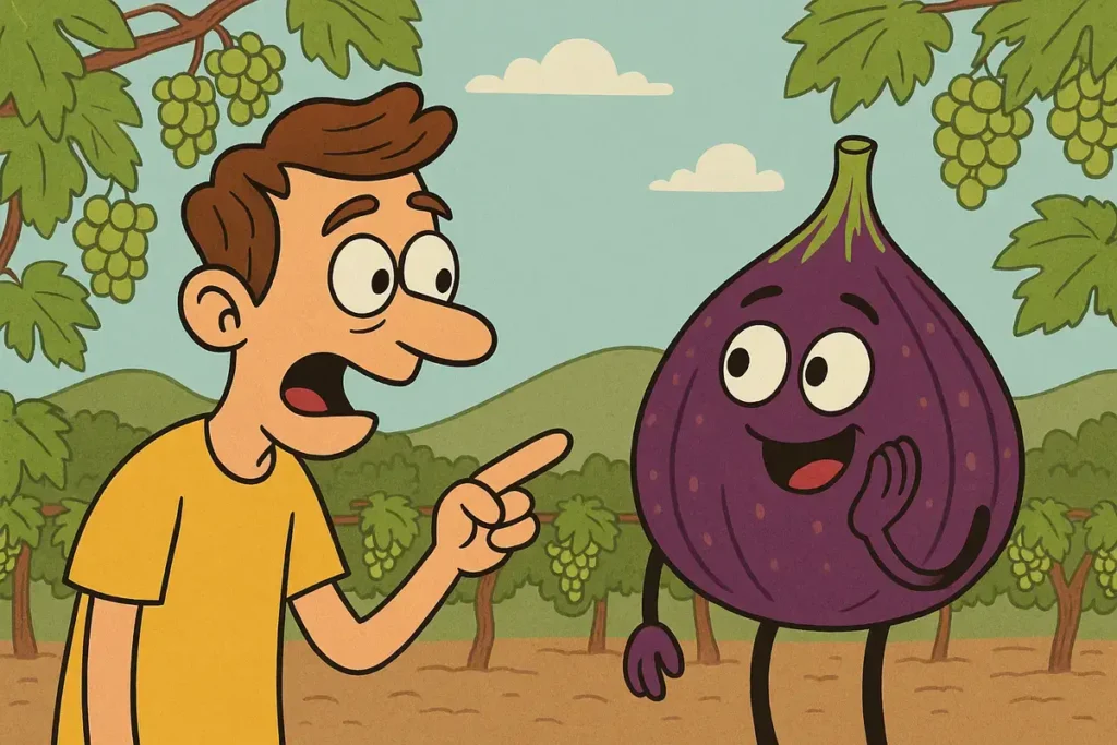 man and talking fig character in a vineyard