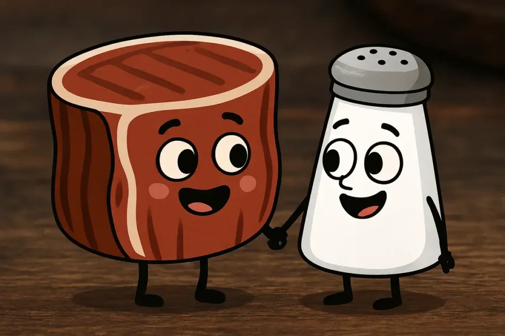 steak and salt shaker holding hands, funny filet mignon jokes illustration