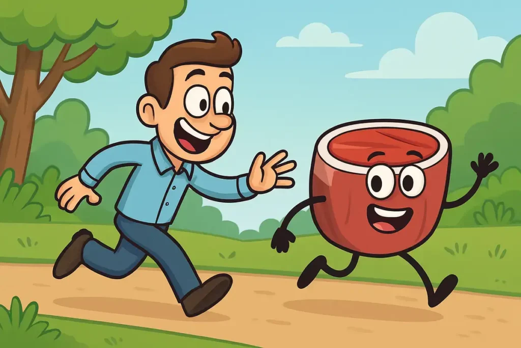 man chasing filet mignon steak in park