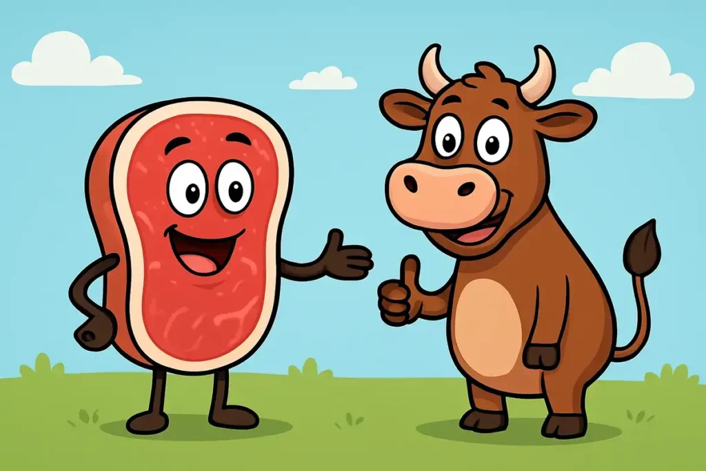 Funny filet mignon jokes cartoon with happy steak and cow characters in grassy field