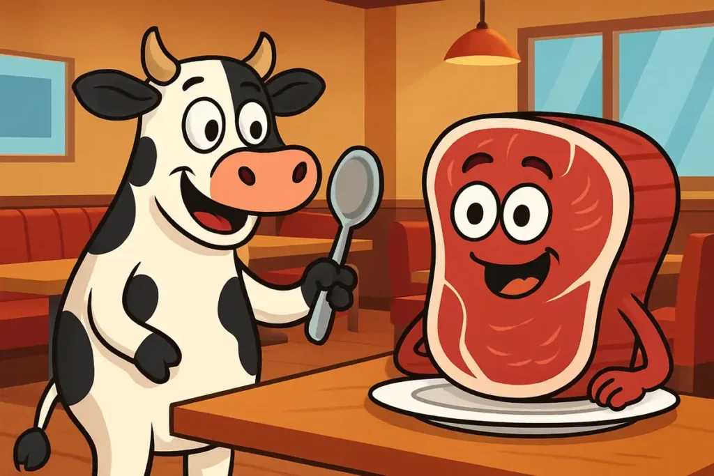 cow holding spoon with smiling filet mignon