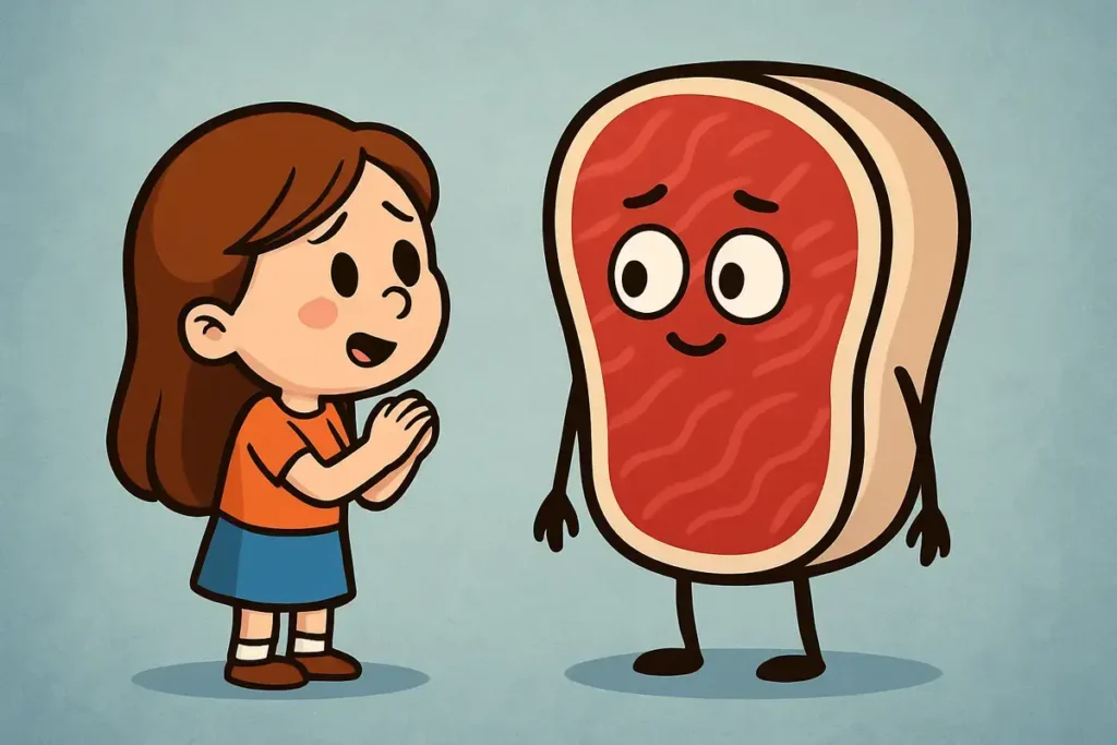 girl pleading with a smiling filet mignon steak