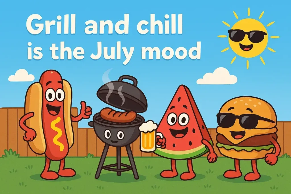 hotdog, watermelon, and burger having a backyard BBQ party, funny food calendar jokes