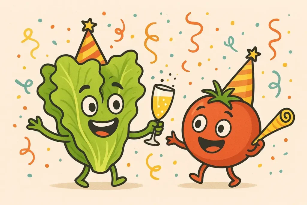 lettuce and tomato celebrating New Year with party hats and confetti | funny food calendar jokes
