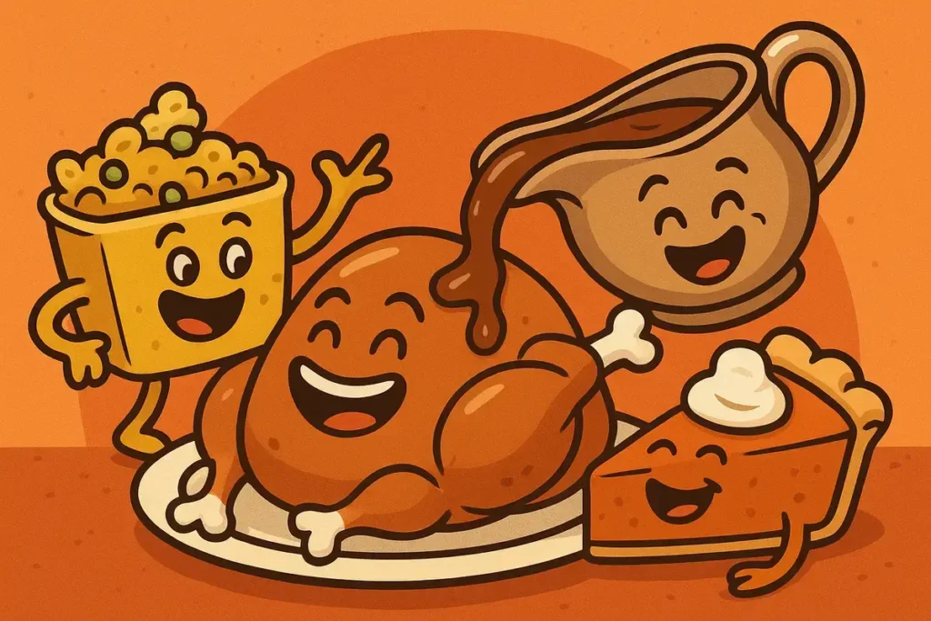 Thanksgiving turkey with stuffing, gravy, and pie laughing together – funny food calendar jokes illustration