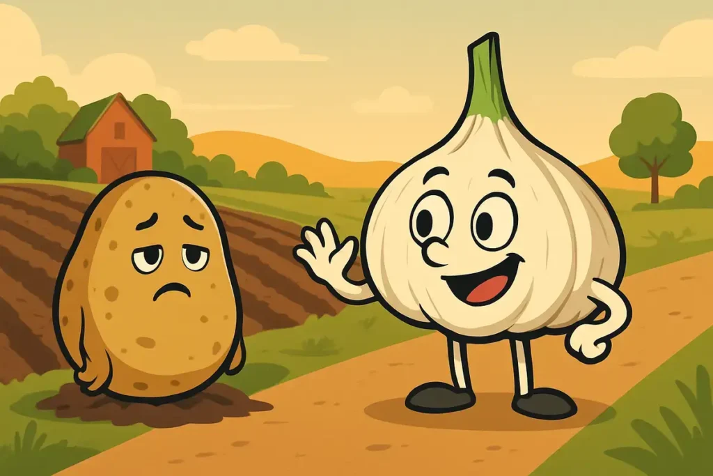 garlic puns cartoon with animated garlic and potato characters in farm scene