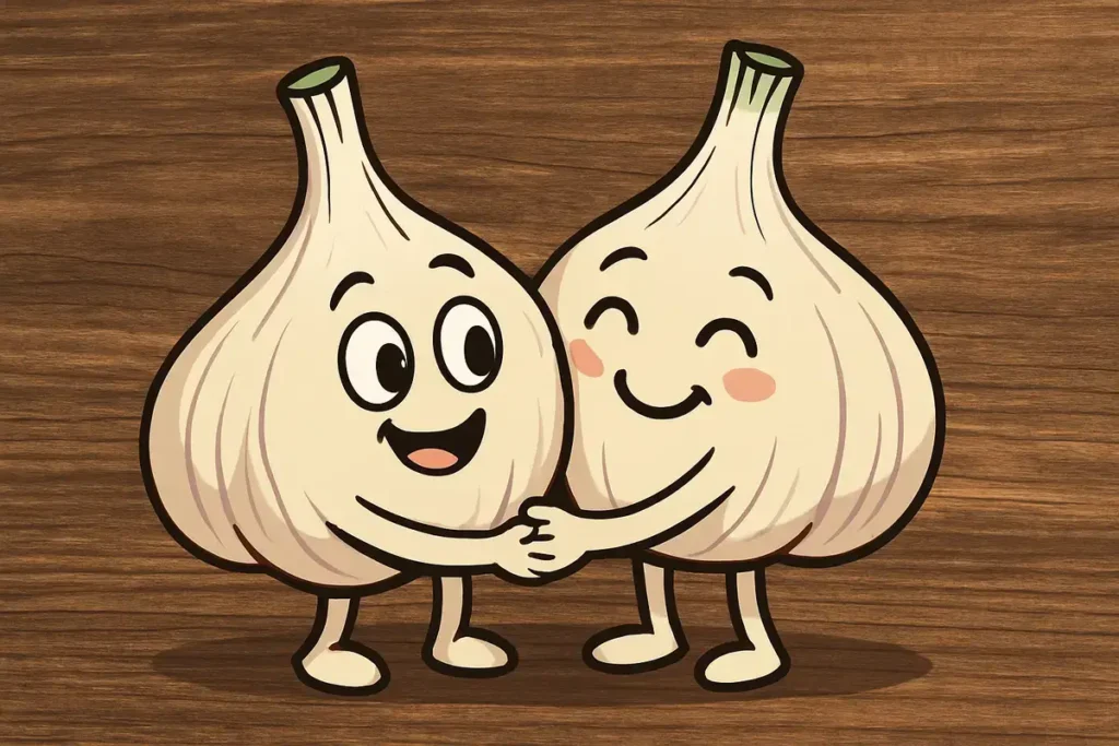 garlic characters hugging with happy expressions