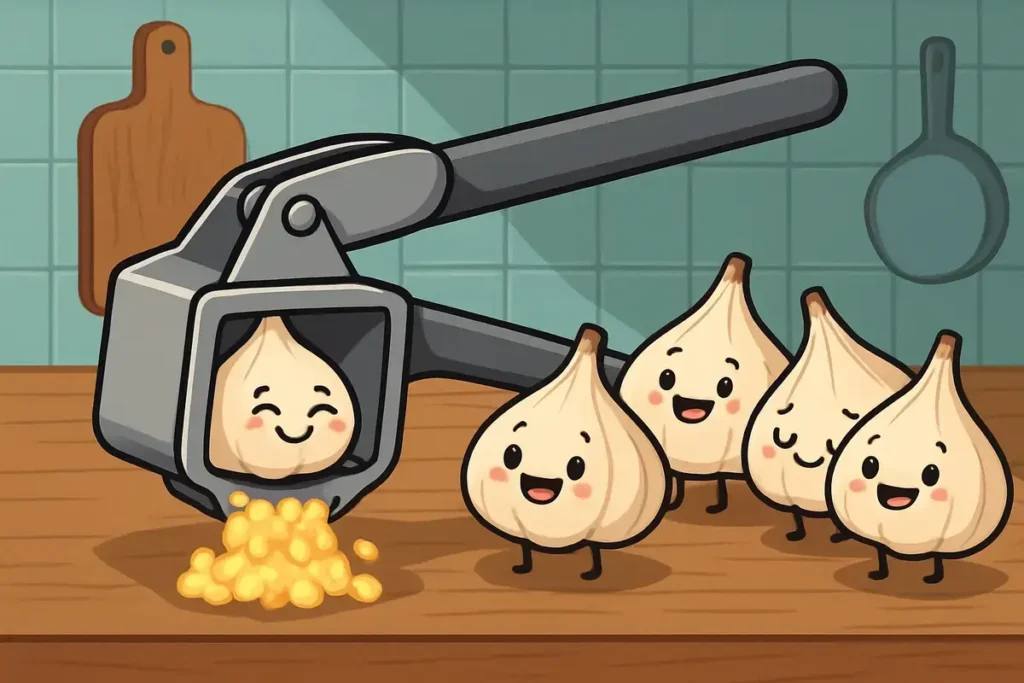garlic press with happy cloves
