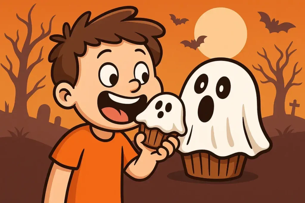 boy eating ghost cake in spooky background