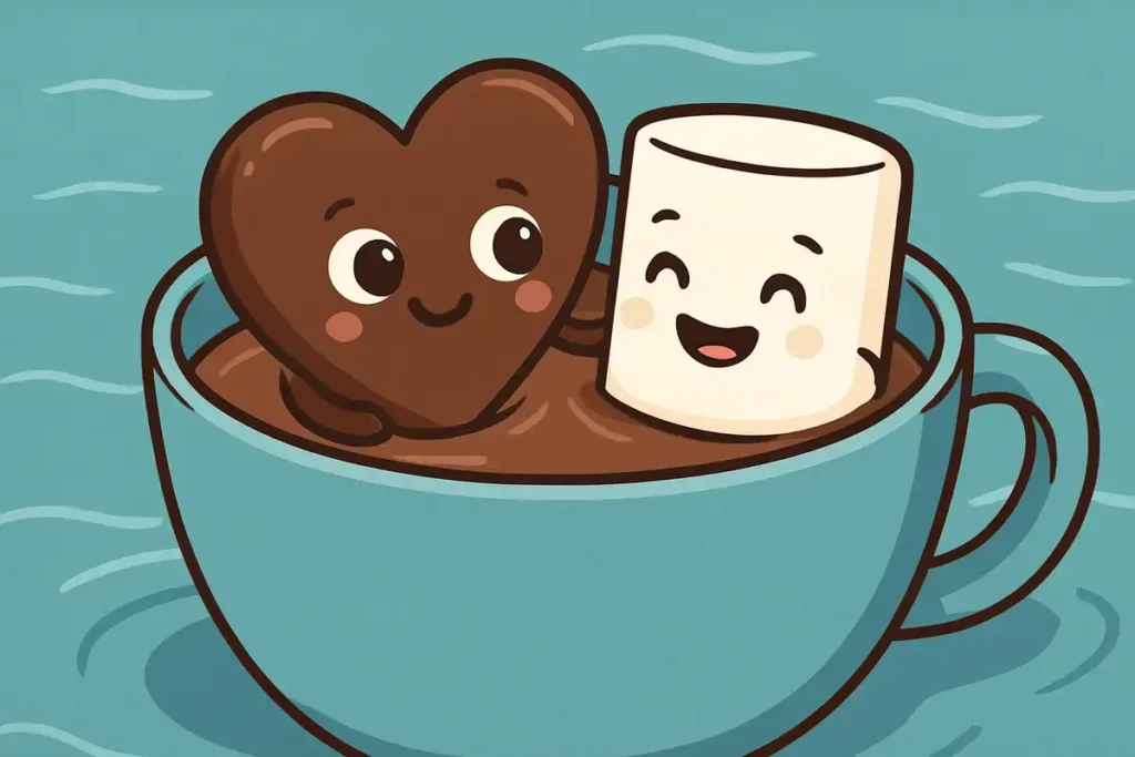 Cute marshmallow and heart-shaped chocolate cartoon in mug