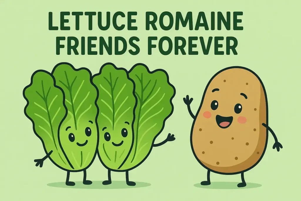 Romaine lettuce and potato characters smiling together