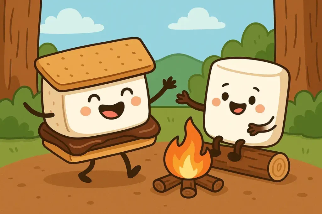 s’more and marshmallow laughing by campfire in National Marshmallow Day Puns