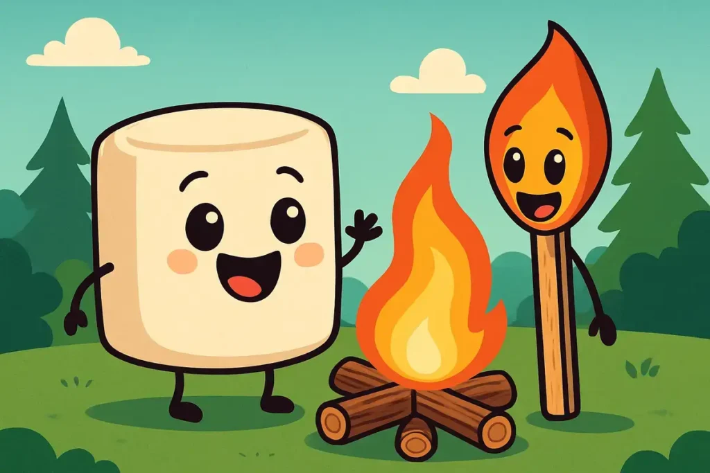 marshmallow and matchstick by campfire sharing a funny marshmallow joke
